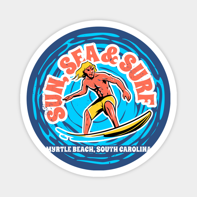 Vintage Sun, Sea & Surf Myrtle Beach, South Carolina // Retro Surfing // Surfer Catching Waves Magnet by Now Boarding